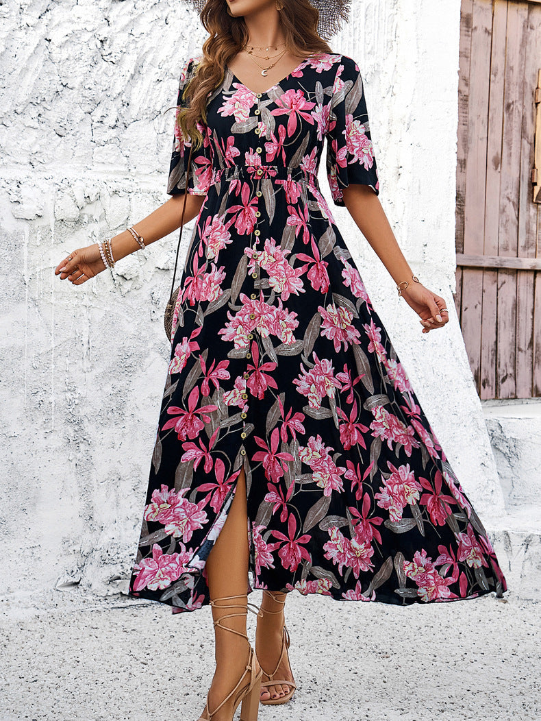 Black Floral Printed Large Swing Dress