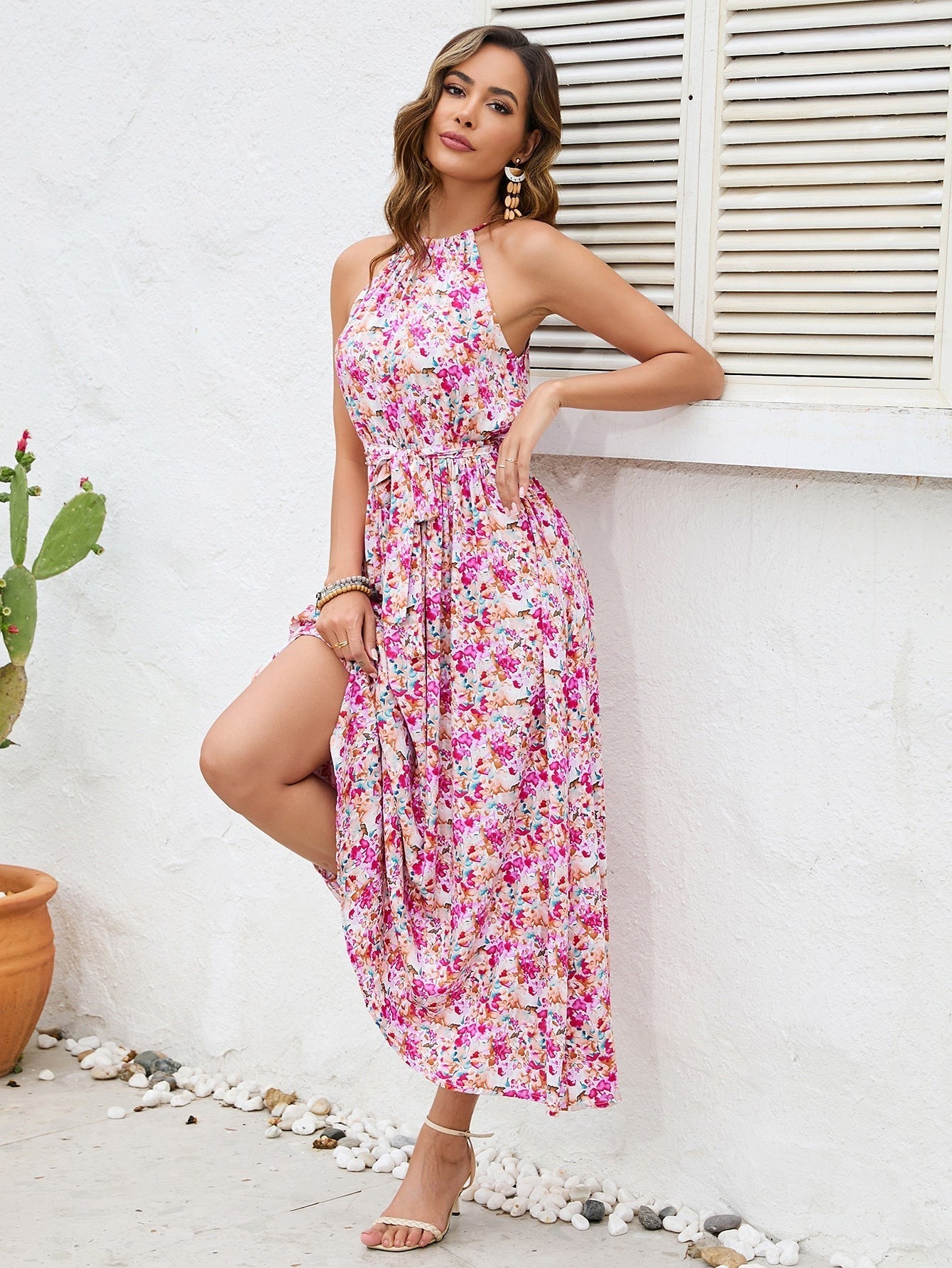 Off Shoulder Halter Neck Floral Midi Dress