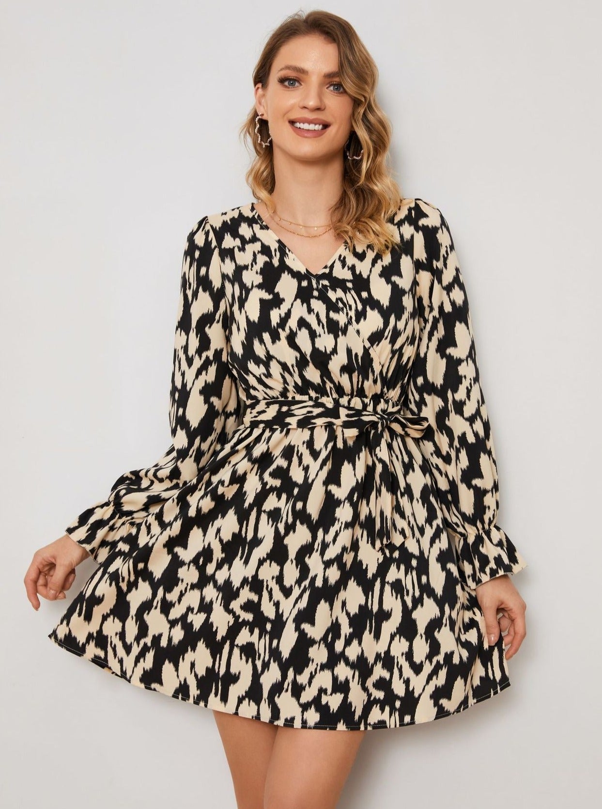 Animal Print V-Neck Long Sleeve Tie Waist Dress