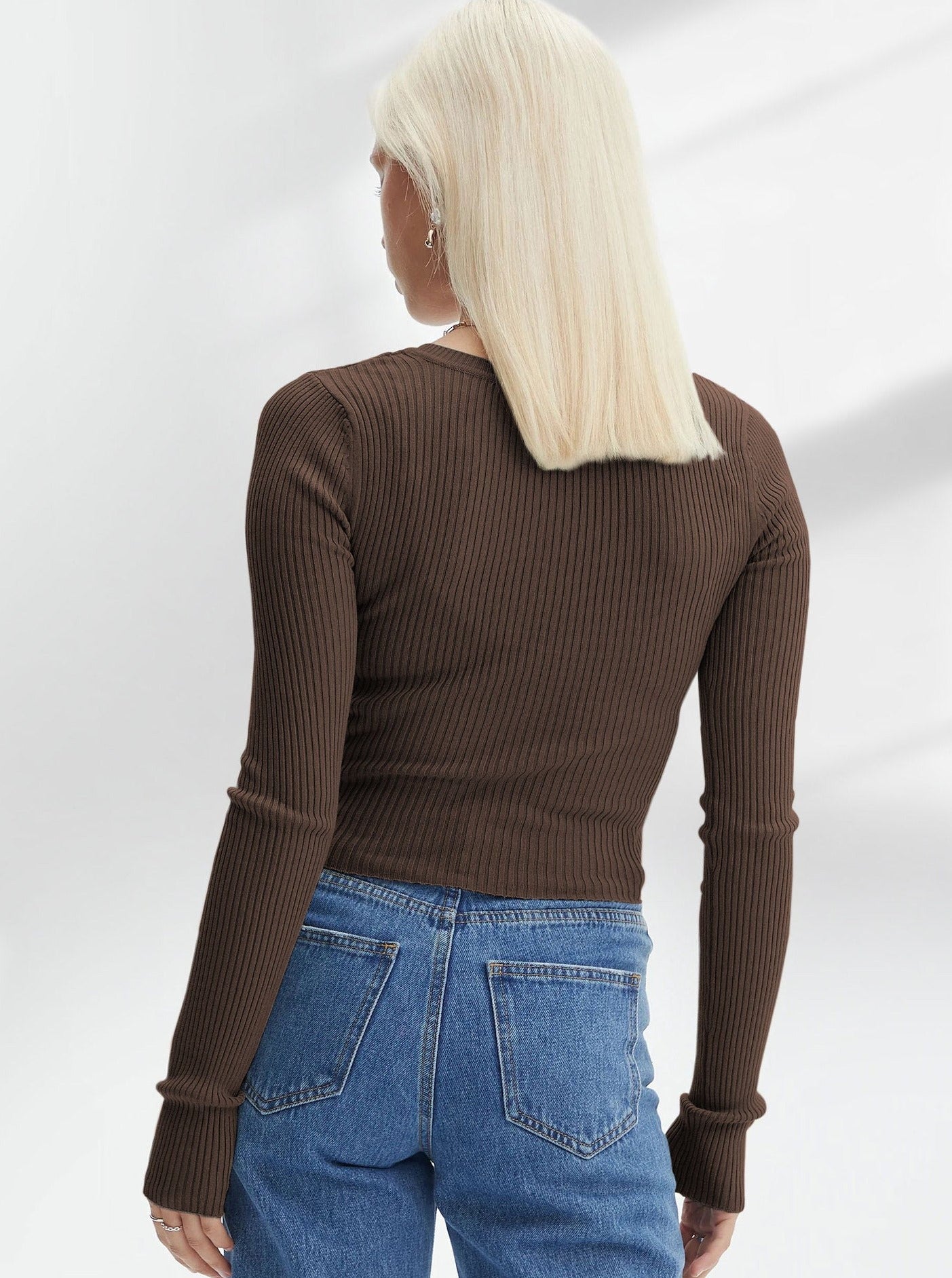 Brown Sexy Long Sleeve Knitted V-Neck Shirt