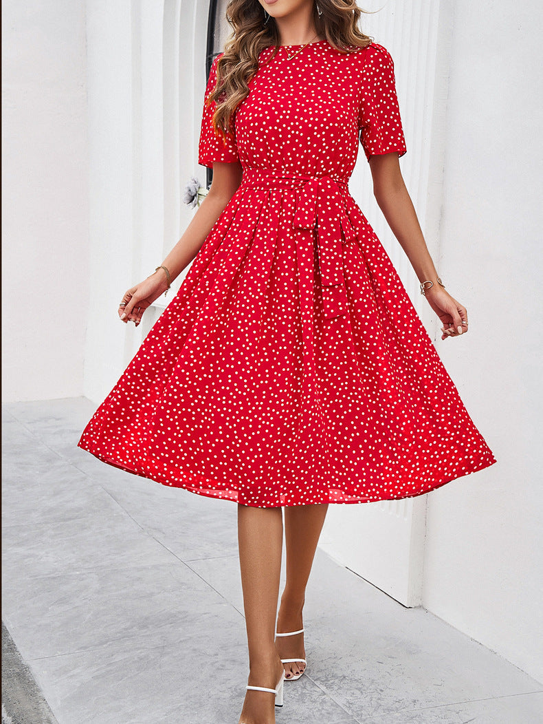 Retro Polka Dots Printed Round Neck A-Line Dress