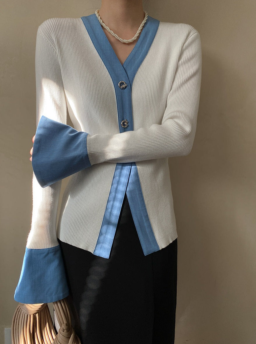 Casual V-Neck Flare Sleeve Knitted Loose Cardigan