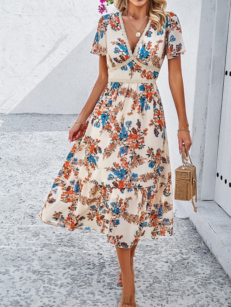 Apricot Floral V-Neck Sundress