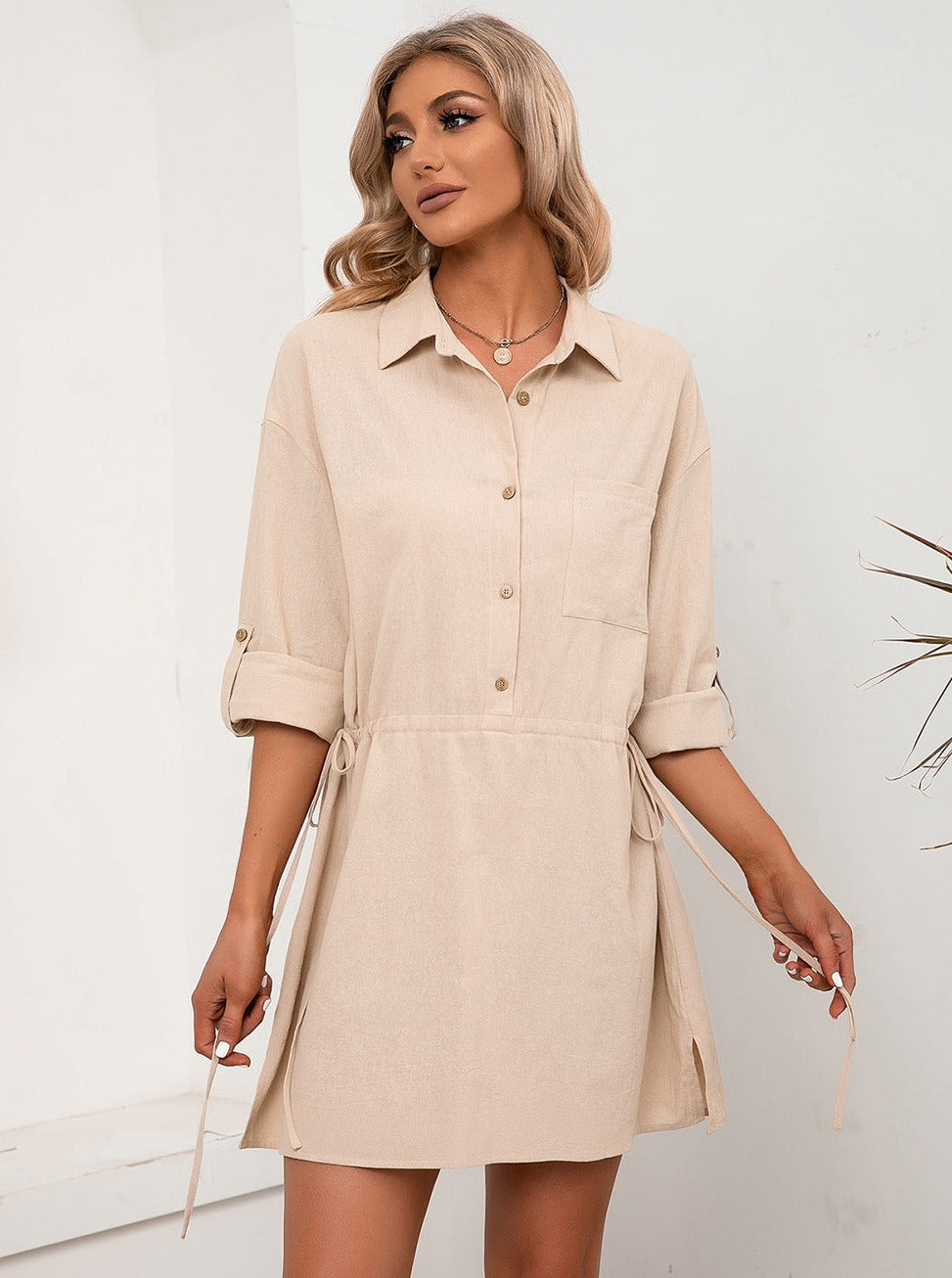 Khaki Long Sleeve Collared Button-Up Shirt Dress