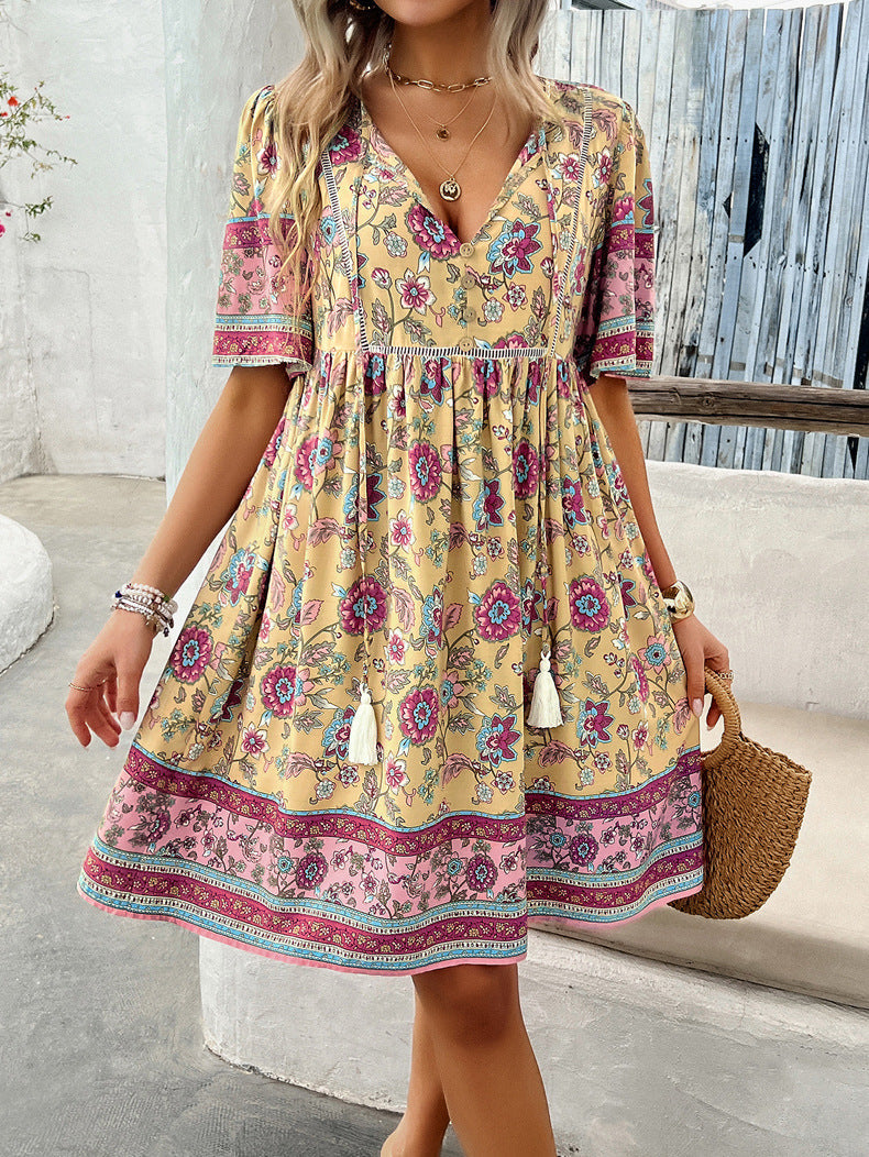 Apricot Retro Printed V-Neck Short Sleeve Dress