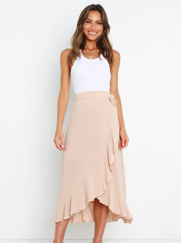 One-Piece Strappy Long Apricot Asymmetrical Skirt