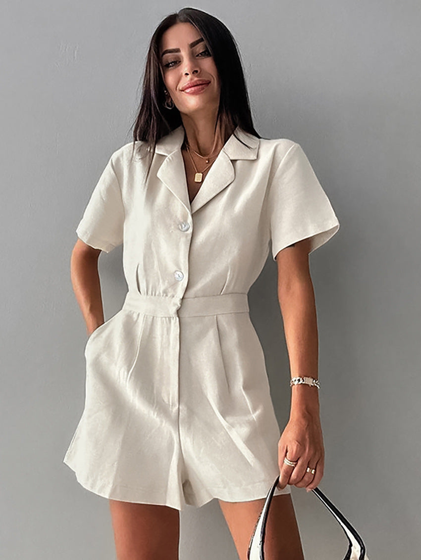 Casual Beige Short Sleeve Buttoned Rompers