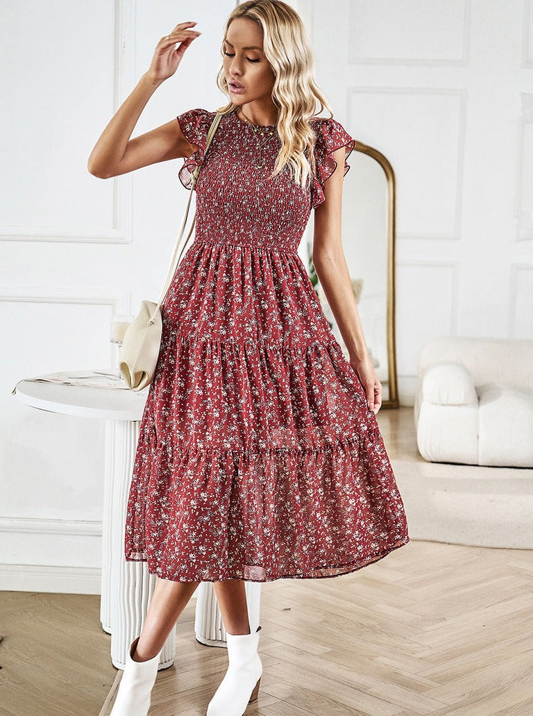 Floral Waist Defined Ruffle Trim Midi Dress