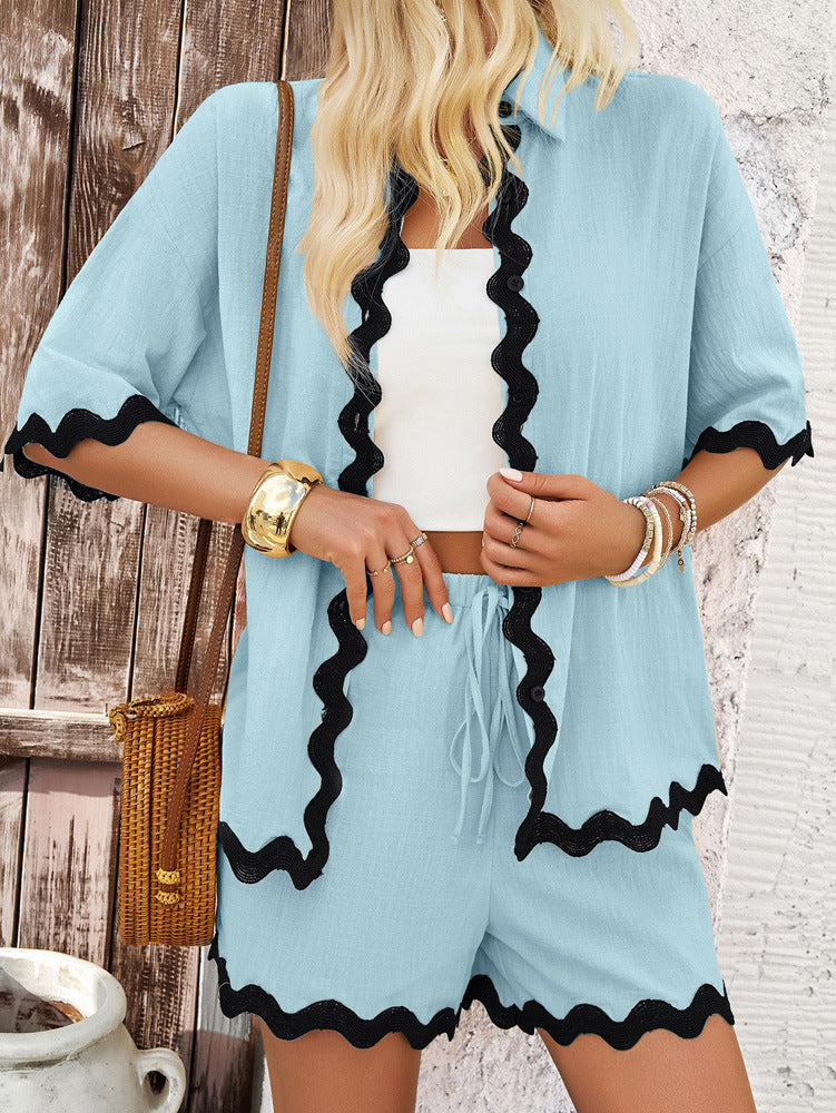 Blue Casual Laced Shirt and Short Set