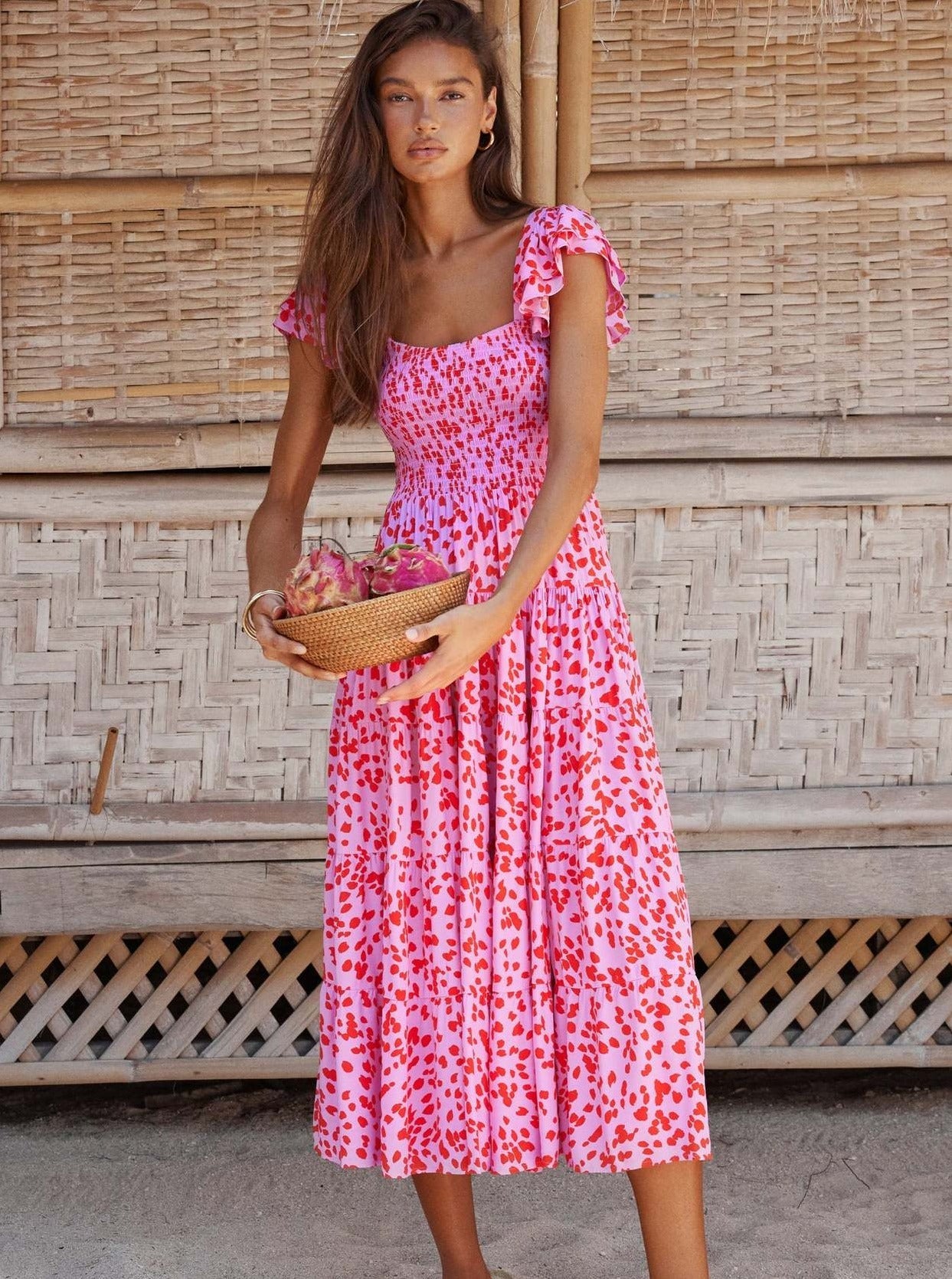 Bohemian Square Neck Short Sleeve Midi Dress