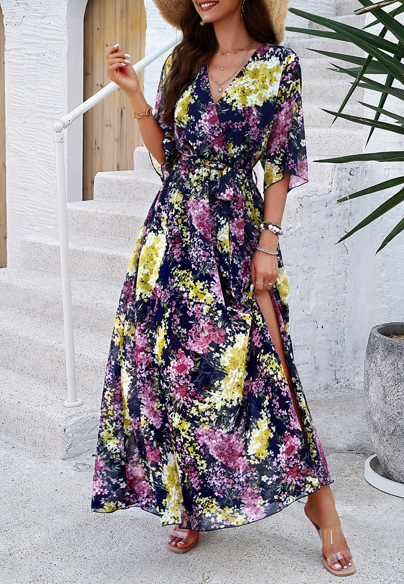 Floral Printed V-Neck Pleated Dress