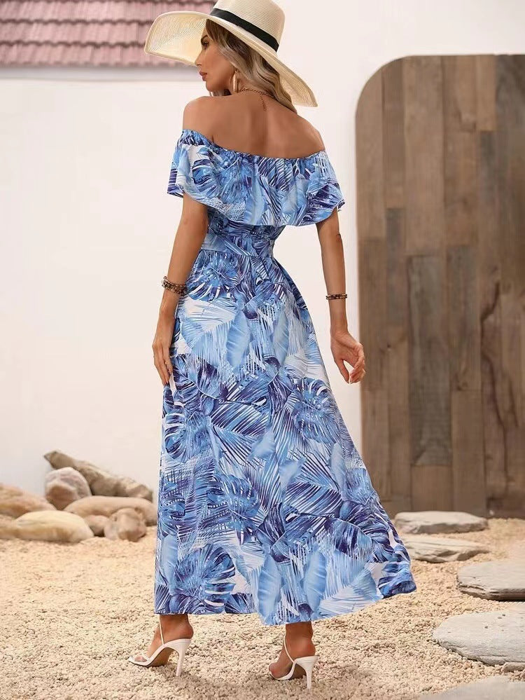 Elegant Off Shoulder Tropical Printed Slit Dress