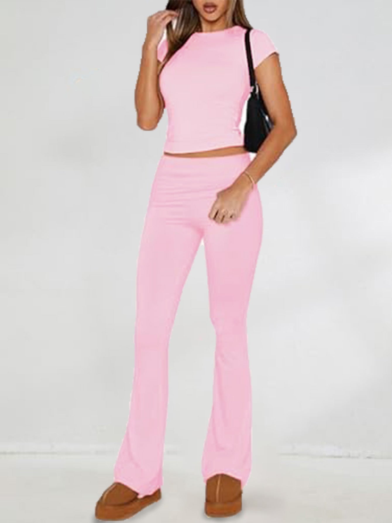 Casual Slim Short Sleeve Pink Crop Top and Pants Set