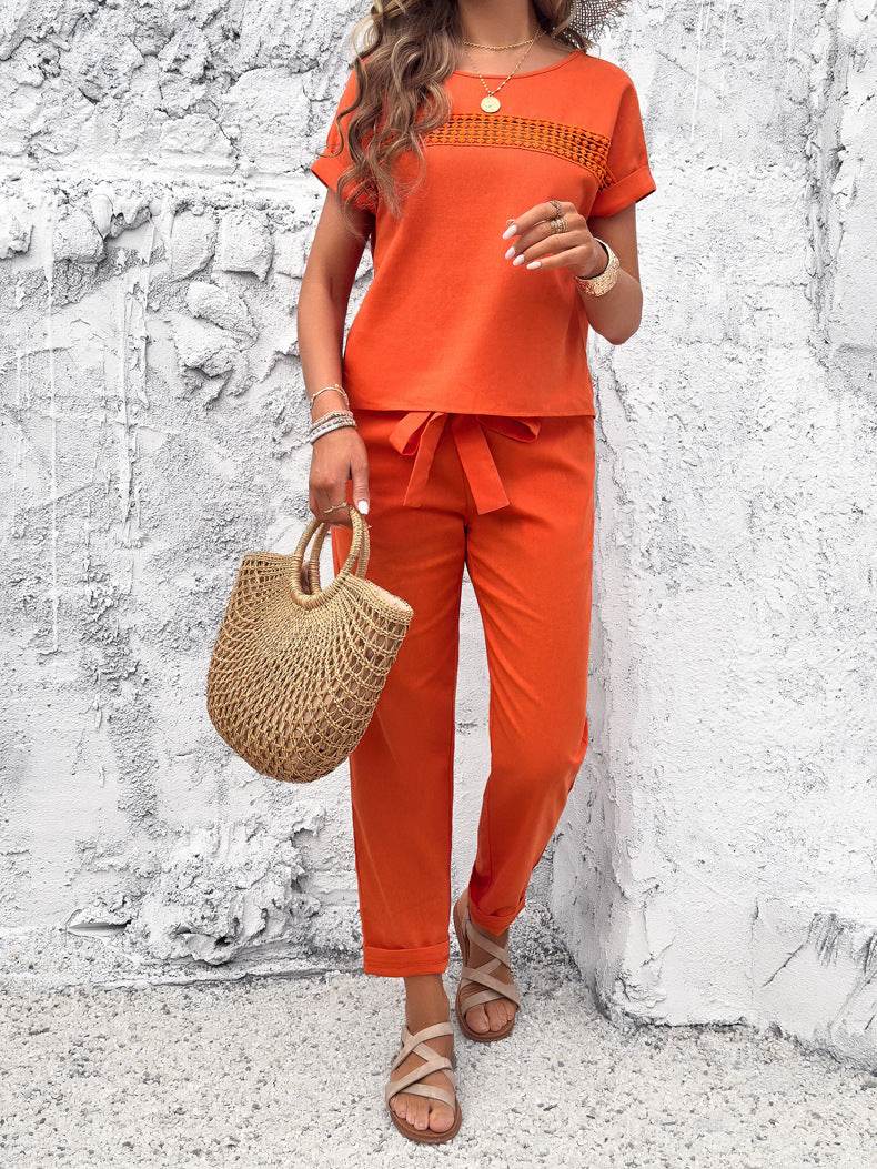 Orange Round Neck Short Sleeve Shirt and Pants Set