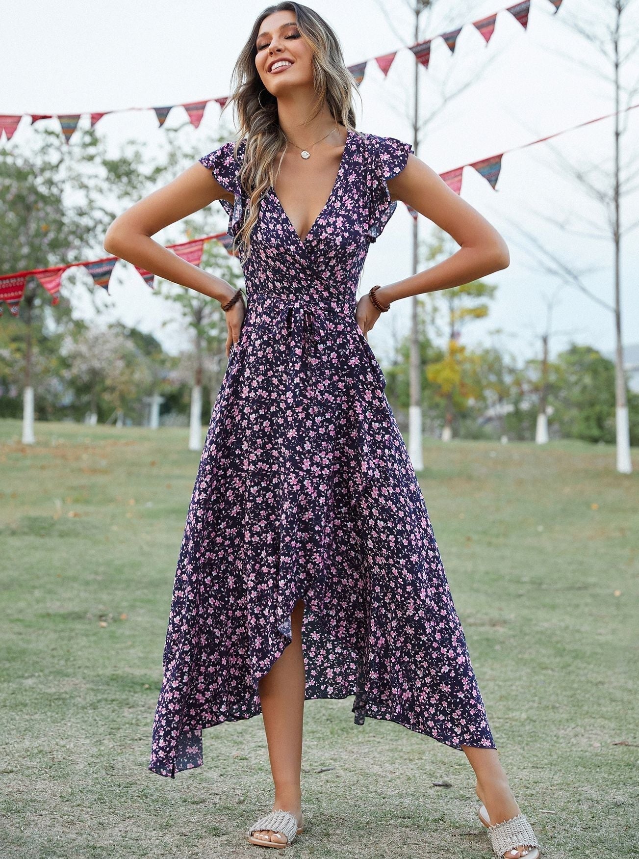 Bohemian Floral Print Vintage Cotton Slit Midi Dress