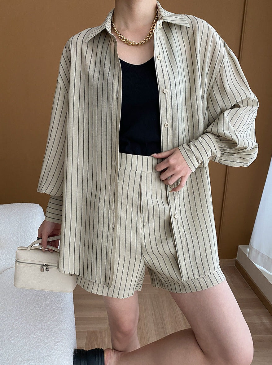 French Stripe Long-Sleeved Shirt and Shorts Set