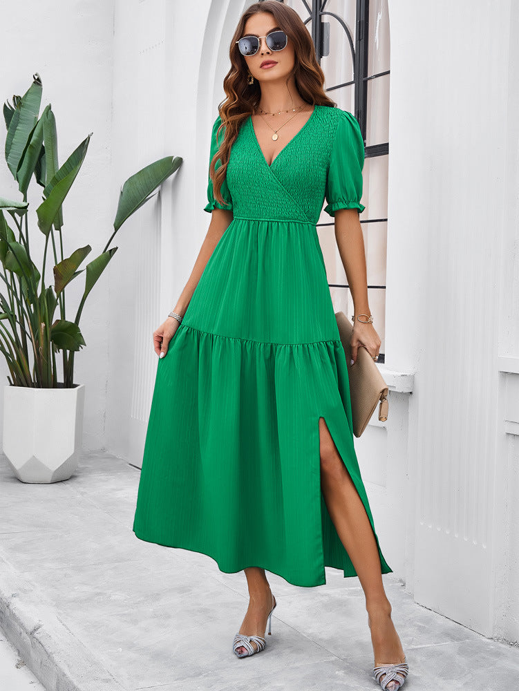 Green V-Neck Short Sleeved Long Dress