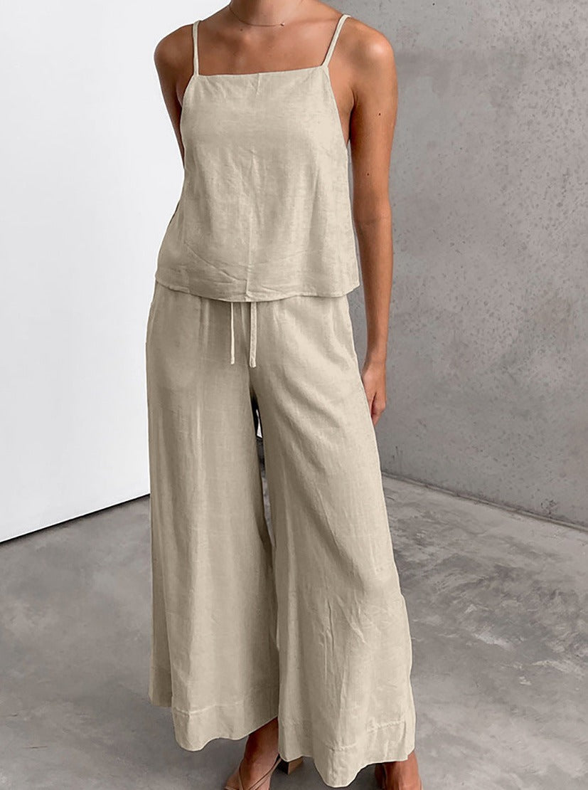 Lace-Up Casual Sleeveless Top Wide Leg Pants Two Piece Set