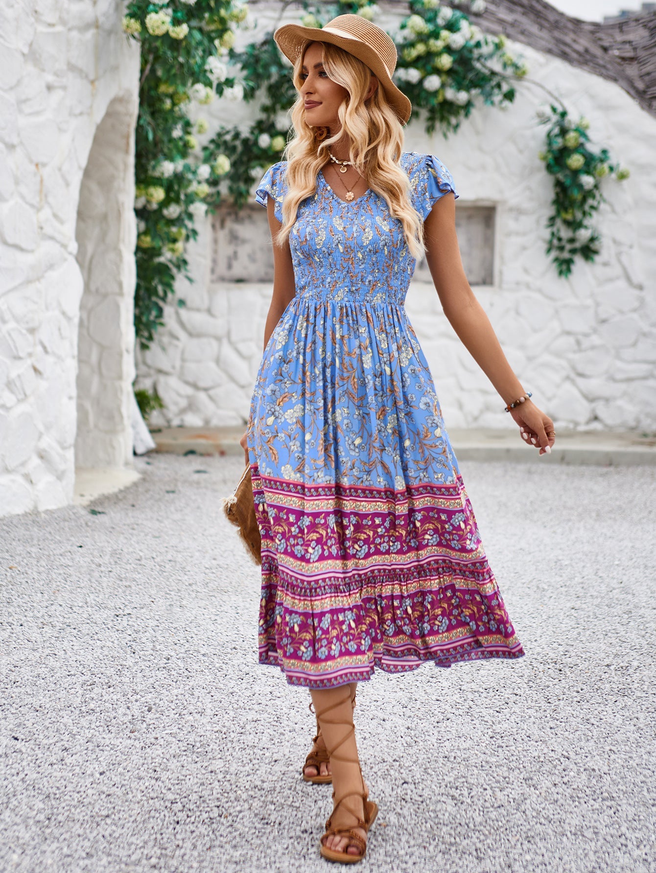 Casual Boho Floral Pleated High Waist Slim Dress