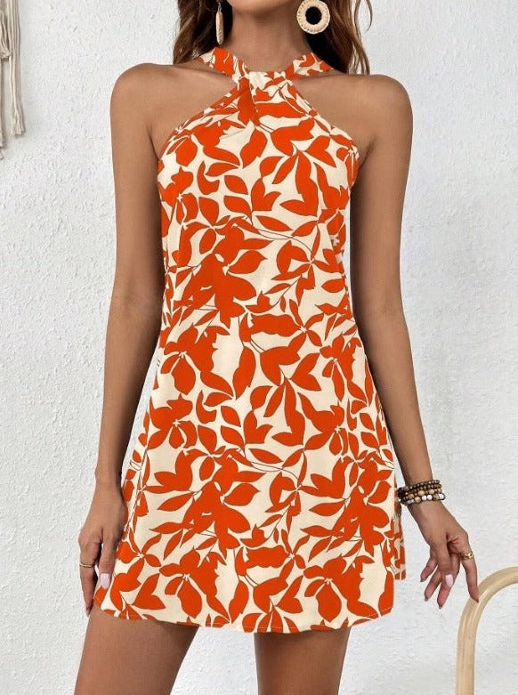 Tropical Print Halter Neck Sexy Dress