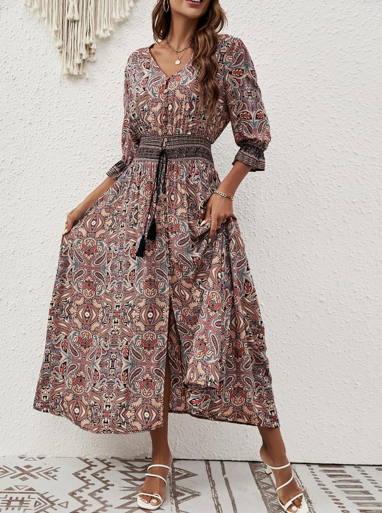 Vintage Boho Printed Half Sleeve Midi Dress