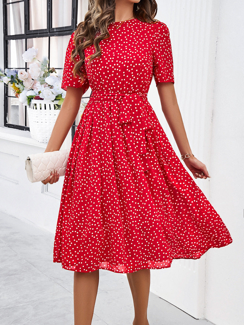 Retro Polka Dots Printed Round Neck A-Line Dress