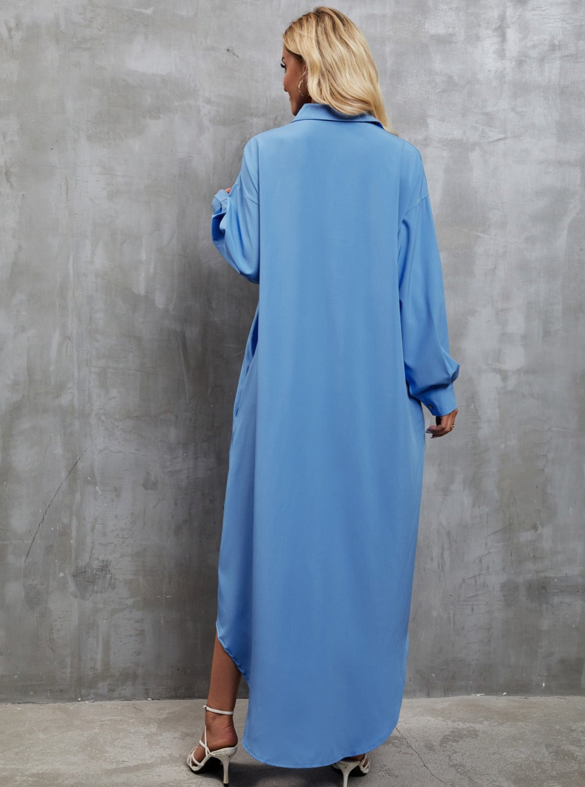 Light Blue Casual Loose Button Up Long Sleeve Maxi Dress