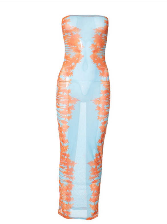 See Through Mesh Blue and Orange Tie Dye Tube Dress