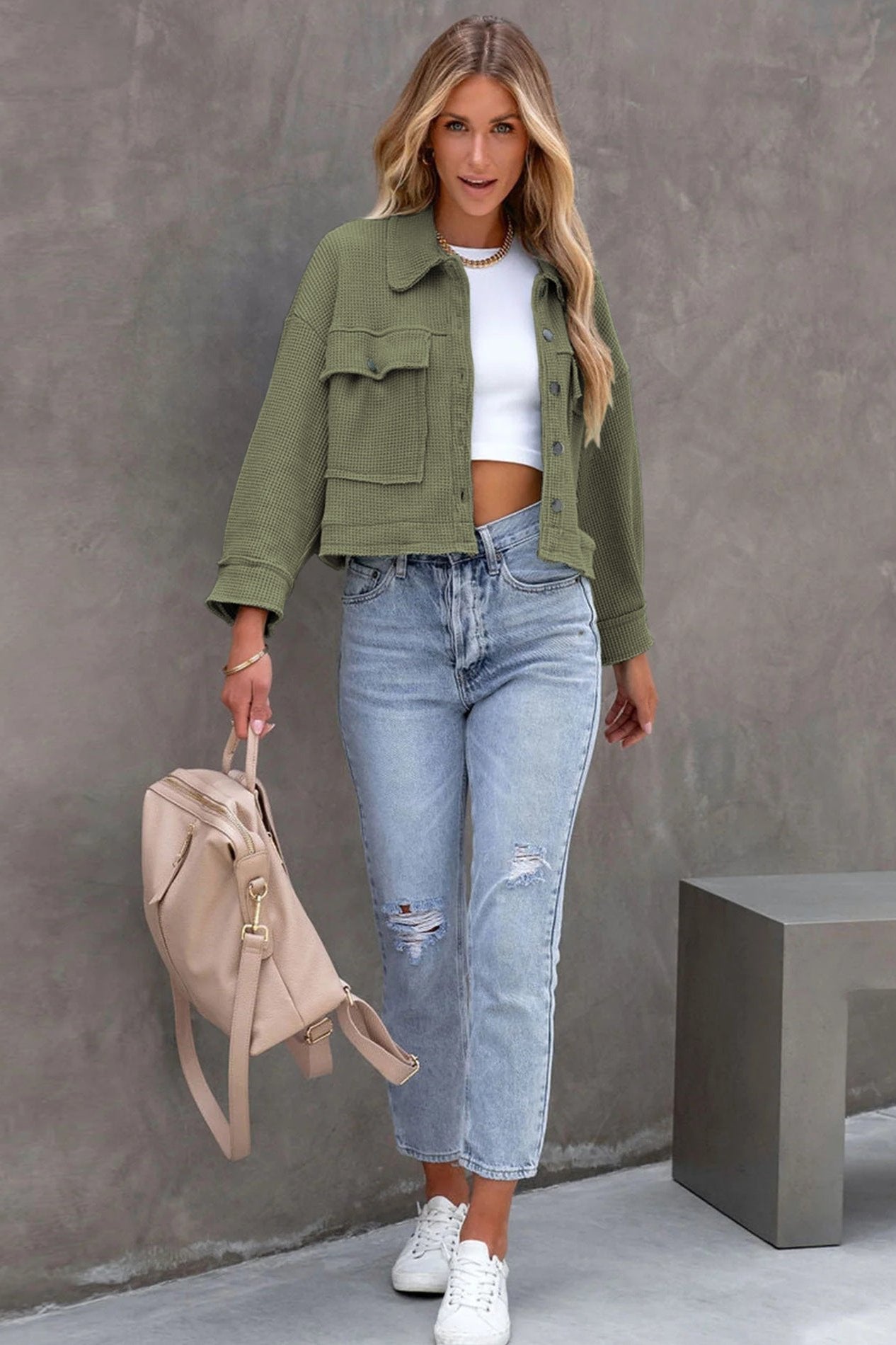 Green Long Sleeve Solid Color Collared Jacket