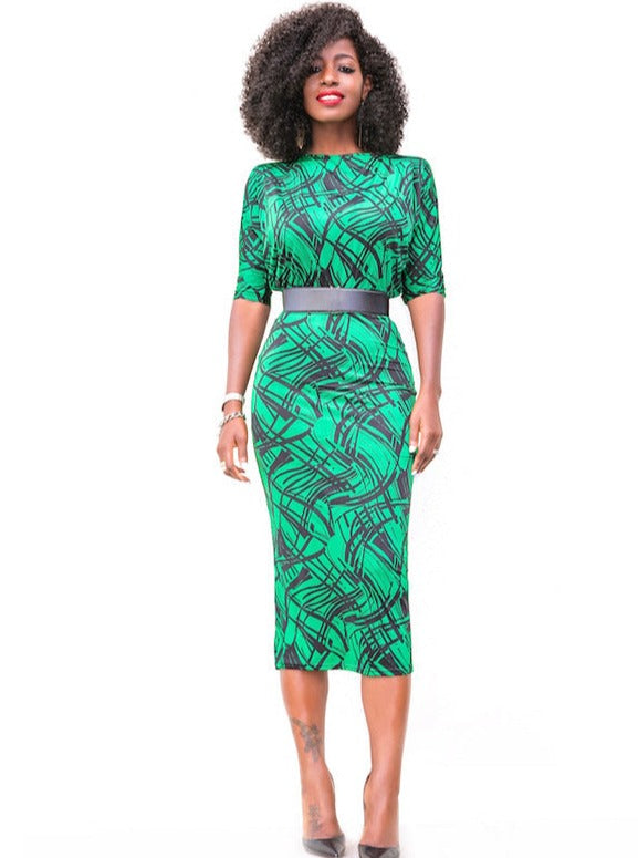 Green Half Sleeve High Waisted Pencil Dress