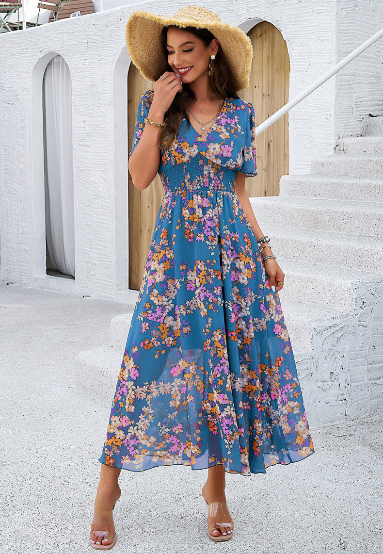 Blue Floral Printed V-Neck Sundress