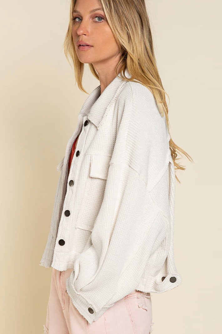 White Long Sleeve Solid Color Collared Jacket