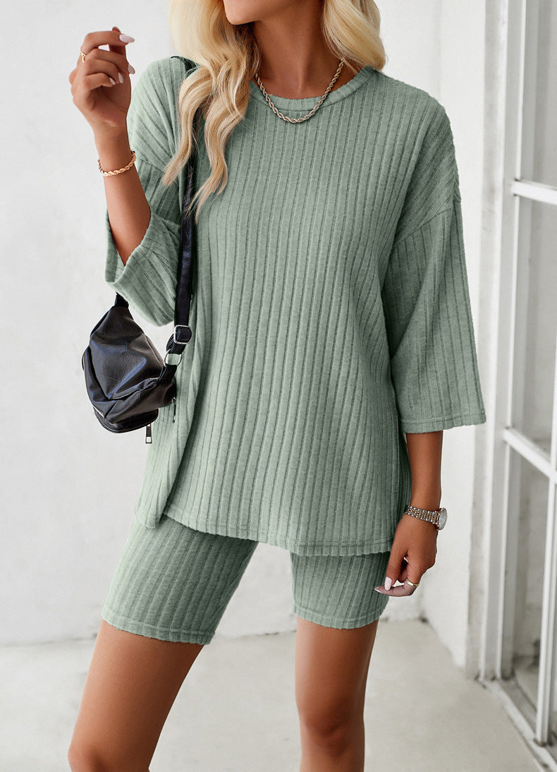 Green Long Sleeve Knitted Shirt and Shorts Set