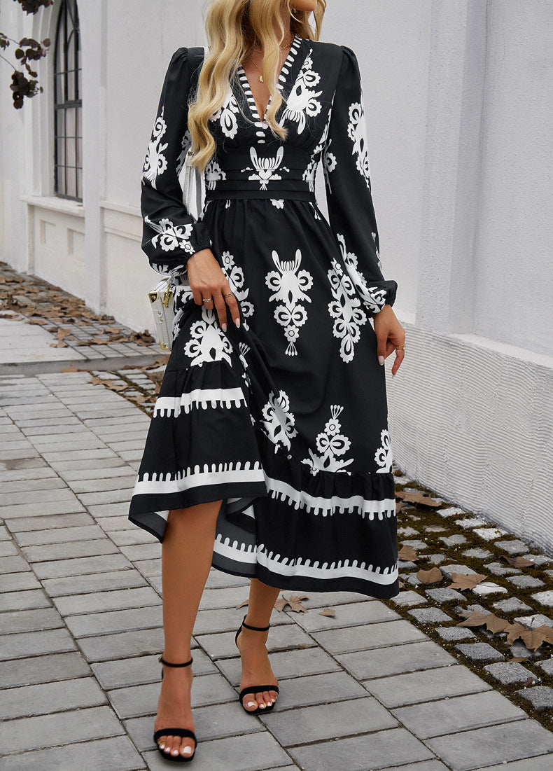 Chic Ethnic Print V-Neck Midi Dress