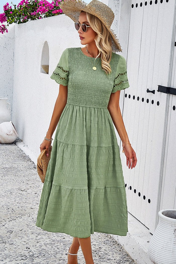 Green Casual Solid Crochet Lace Sleeve A-Line Midi Dress