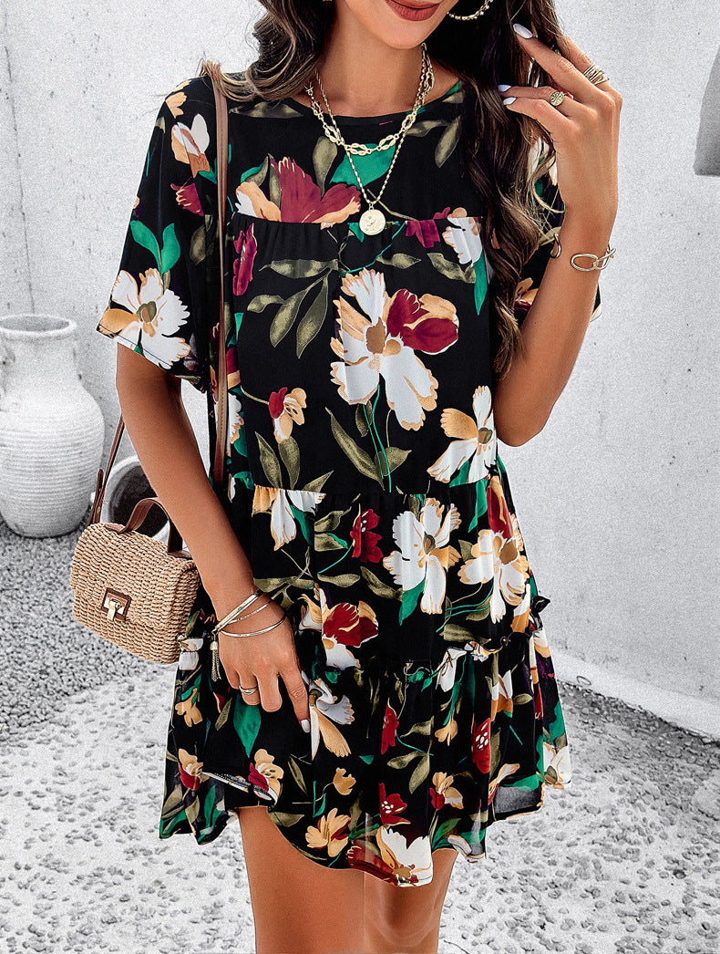 Black Leisure Vacation Printed Short-Sleeved Dress