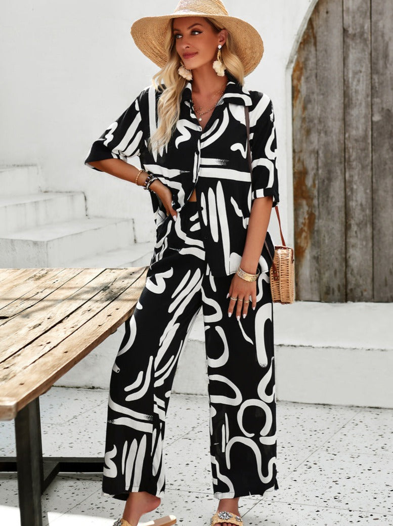 Casual Black Overall Printed Loose Button Down Shirt and Pants Set