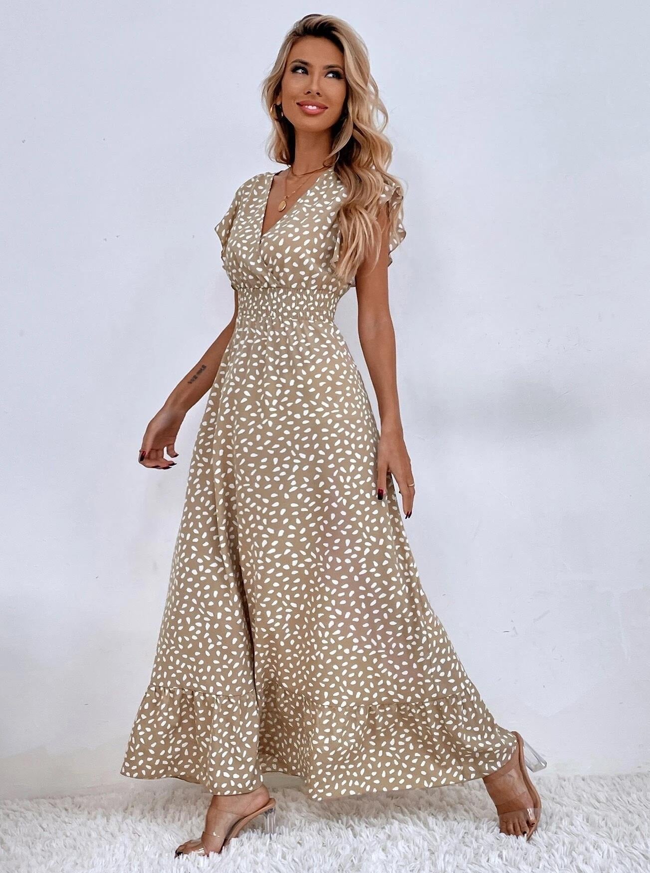 V-Neck Butterfly Sleeve Allover Print Maxi Dress