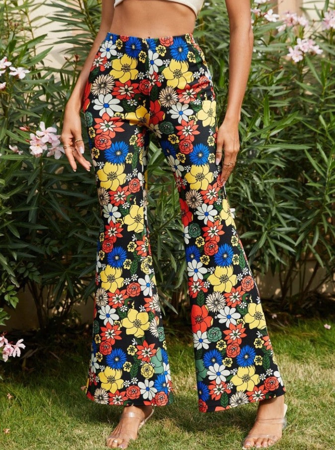 Trendy Floral Printed Tight-Fitting Bell Bottom Pants