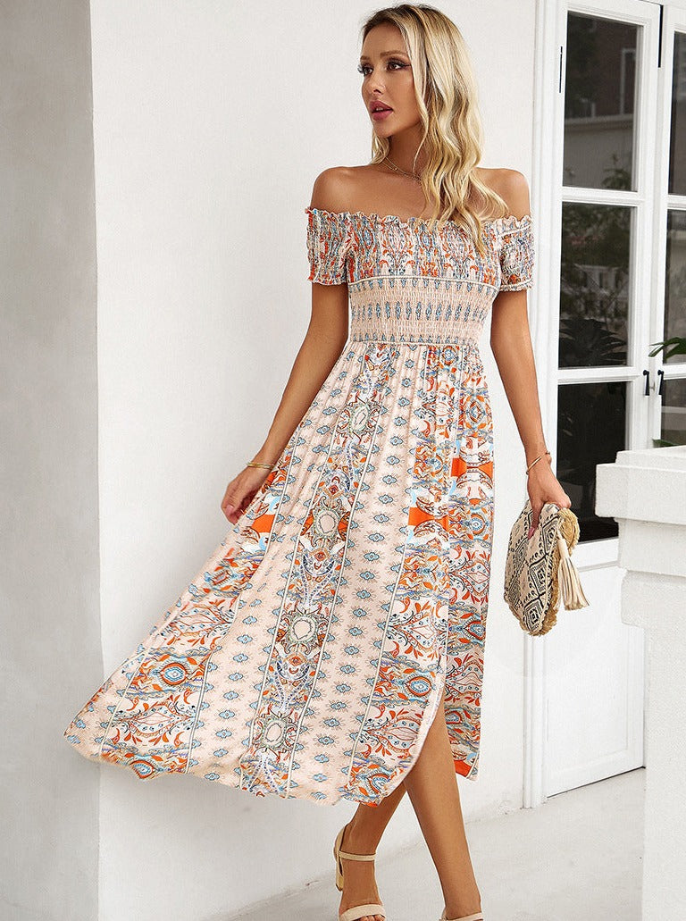 Boho Midikleid Off-Shoulder Buntes Muster Sommerkleid Mit Schlitz