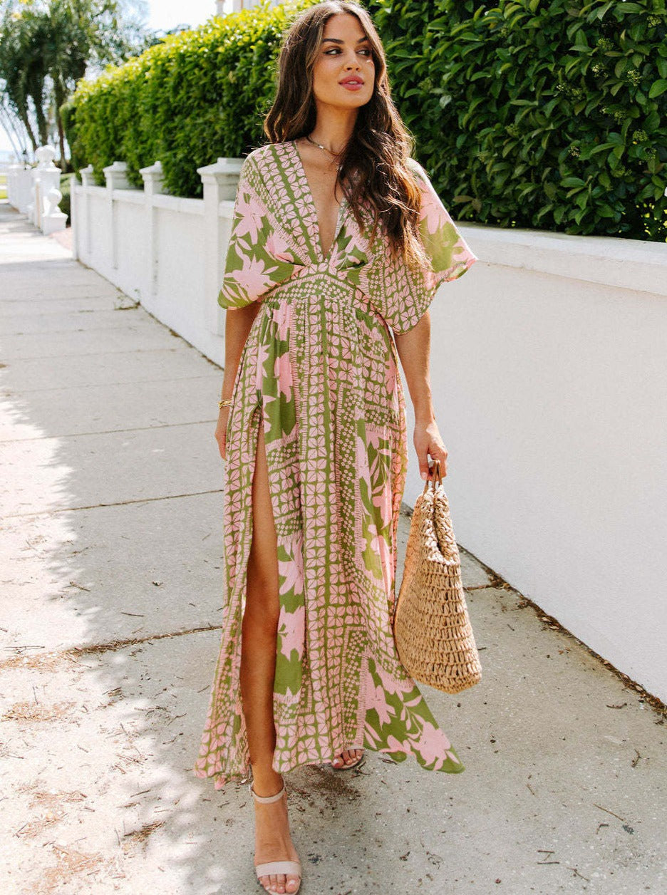 V-Neck Printed Loose Slit Dress