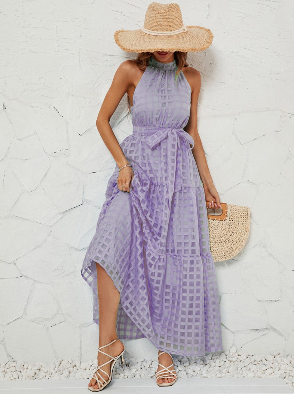 Purple Halter Mesh Belted Maxi Dress