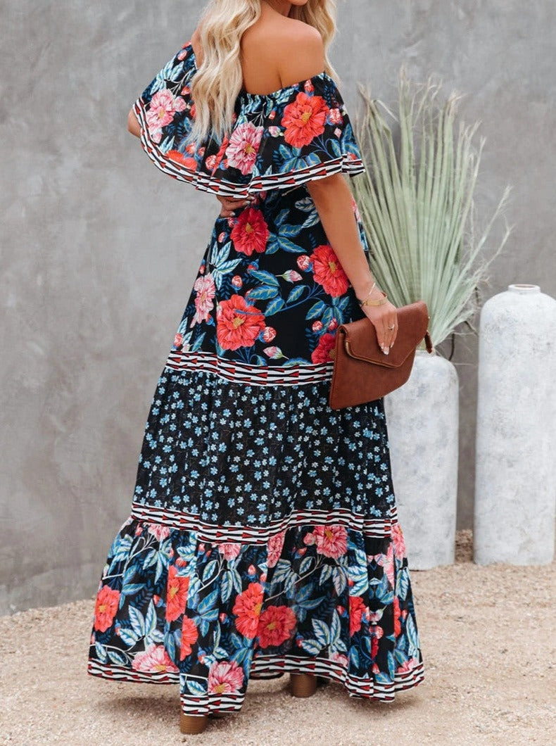 Green Floral Retro Printed Off Shoulder Maxi Dress