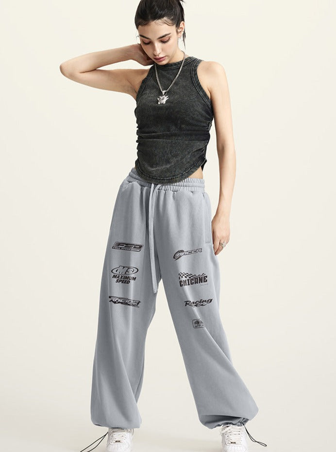 Heavy Drawstring Printed Loose Sports Pants