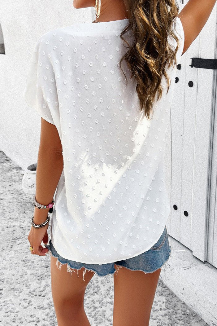 White Chic Cap Sleeve V-Neck Embroidered Blouse