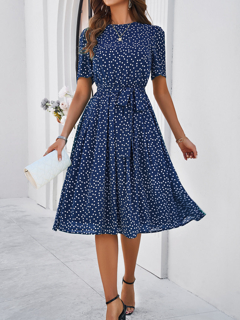 Polka Dot Chiffon Classy Blue Short Sleeve Midi Dress