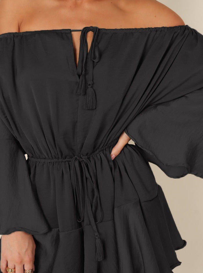 Sexy Black Bohemian Adjustable Off The Shoulder Bell Sleeve Dress