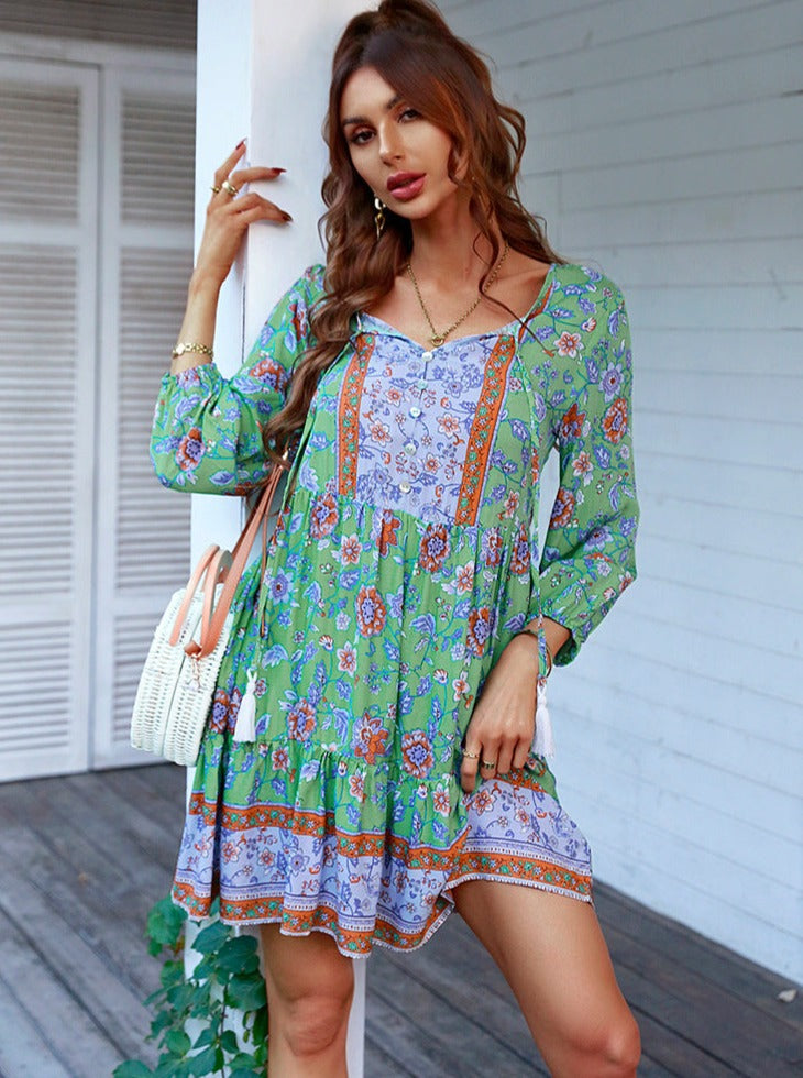 Casual Floral Tassel Tie Flowy Beach Mini Dress