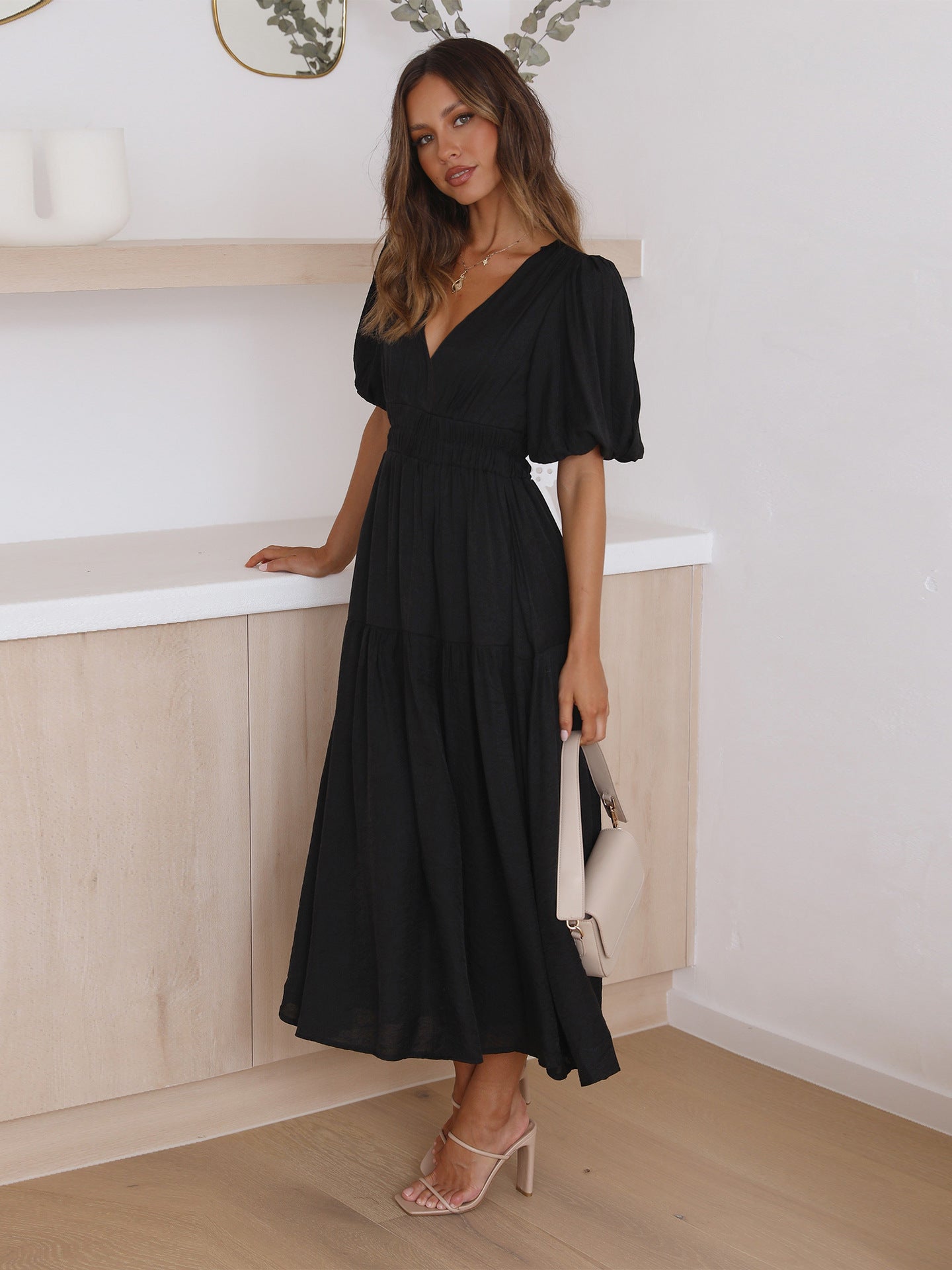 Black Deep V-Neck Puff Sleeve Layered Dress