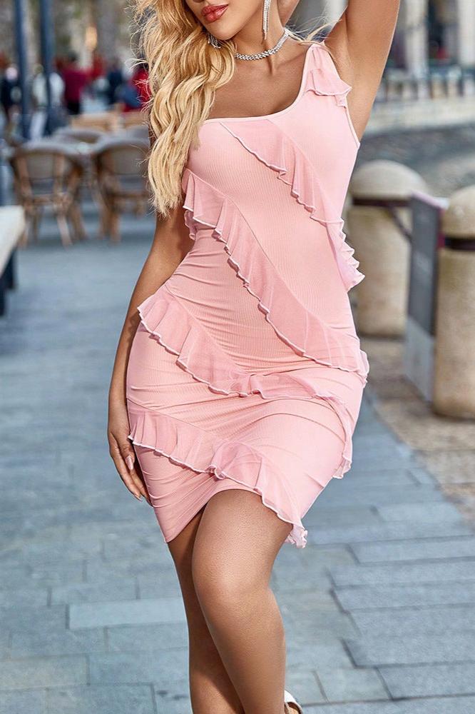 One Shoulder Pink Laced Midi Dress